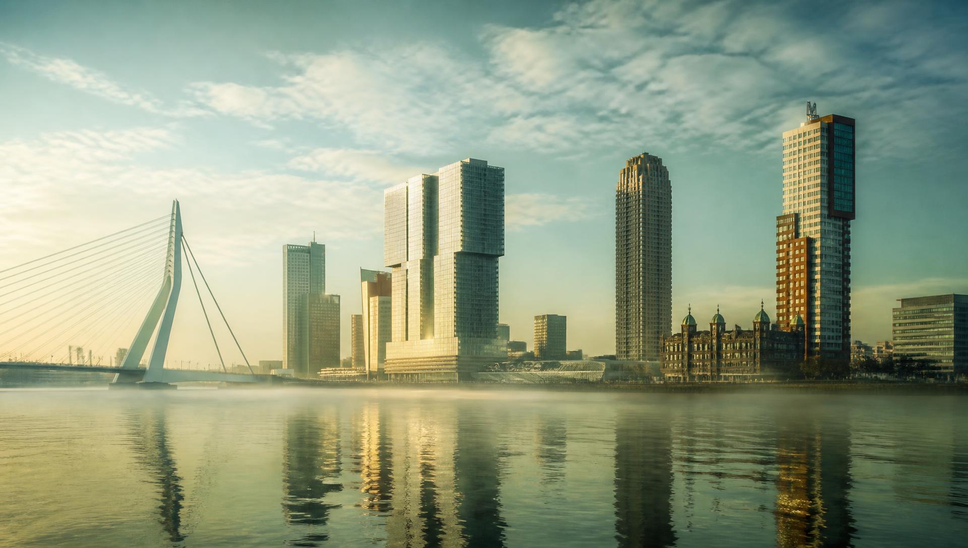 Erasmusbrug en skyline van Rotterdam bij avond